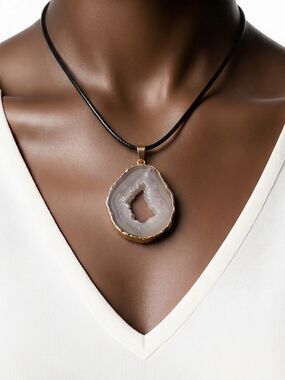 White Black Veined Druzy Agate Teardrop Necklace Geode Slice Gold Edge Pendant